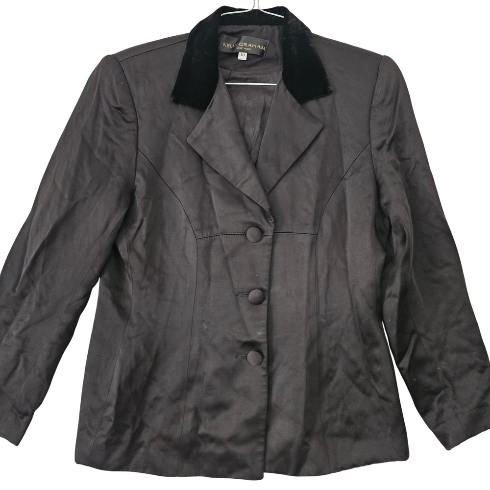Kelly Graham New York Black Satin Blazer Velvet Collar Button Front Jacket 10